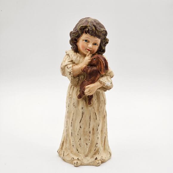 Vintage Resin Figurine: Old World Era Young Girl with Bunny Rabbit Statue 8x4 - Picture 1 of 6
